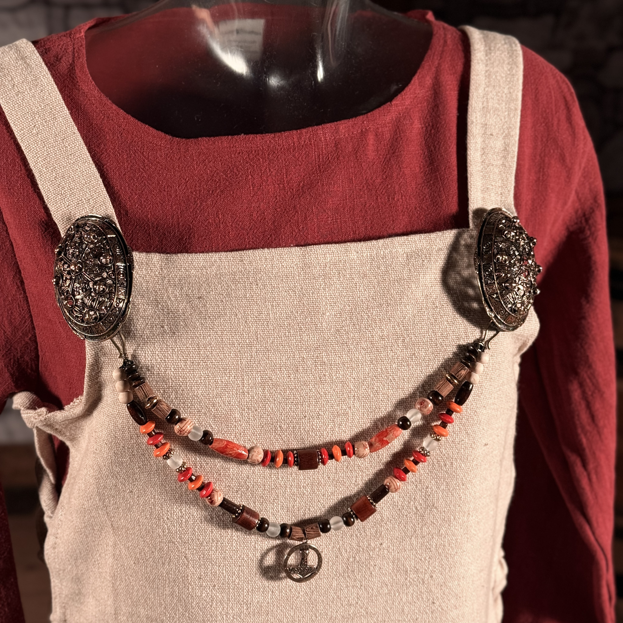 Wikinger Fibelkette braun-orange mit Thorshammer